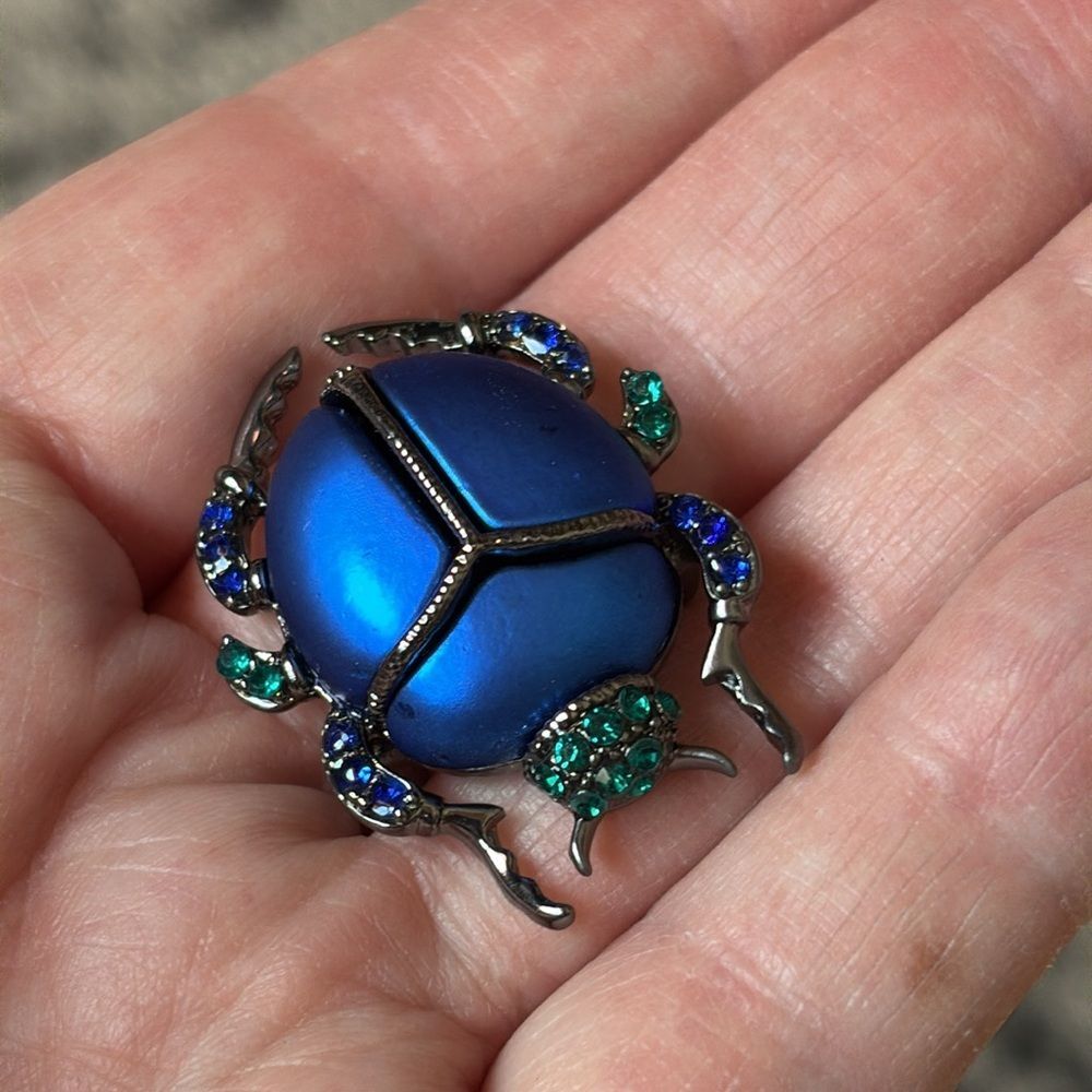 Rhinestone Blue & Green Beetle Brooch